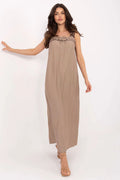 Robe d'été longue à bretelles motif léopard en viscose légère pour femme, style romantique, coupe évasée, décolleté rectangulaire, beige taupe
