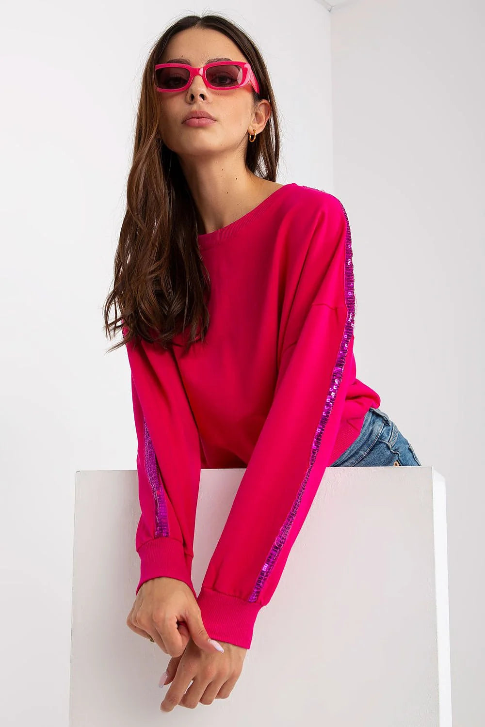 sweatshirt femme casual chic bleu marine manches longues col rond oversize bandes paillettes viscose élasthanne confort