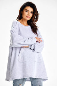 Pull femme ample décontracté gris clair matière douce poche kangourou taille universelle Pologne mode moderne