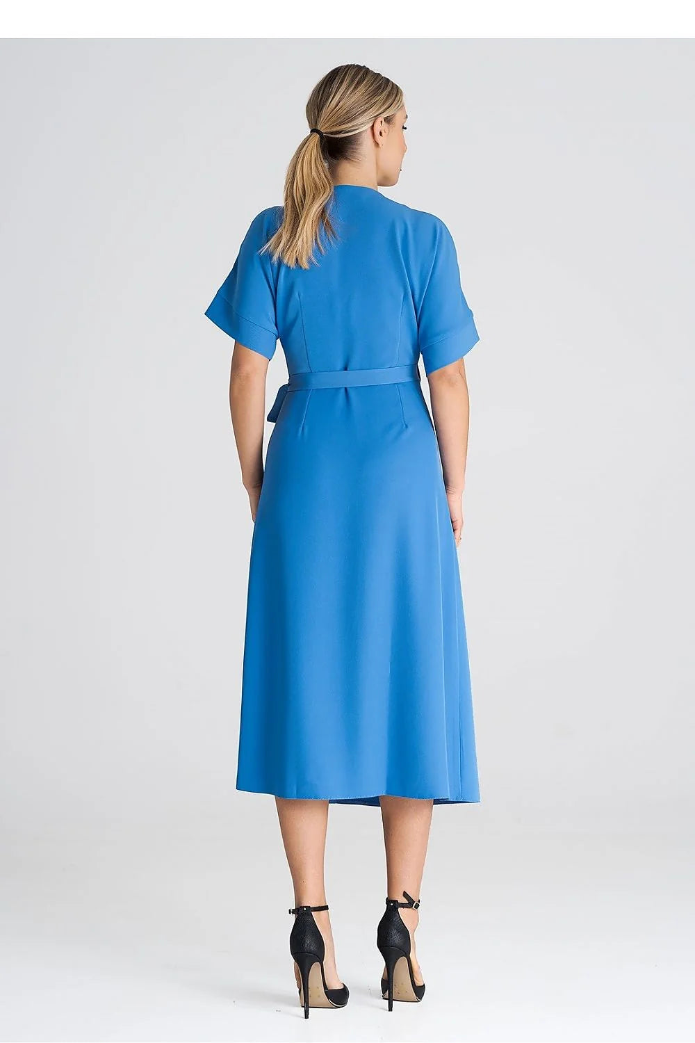 Robe de jour Figl inspiration classique élégance robe portefeuille manches courtes bleu vif sash ajustable femme
