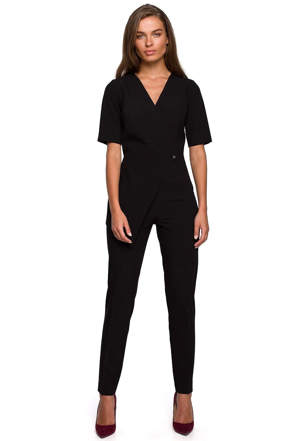 Combinaison élégante en polyester noir croisé pour femmes modernes, manches courtes, occasions spéciales, ajustée