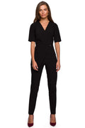 Combinaison élégante en polyester noir croisé pour femmes modernes, manches courtes, occasions spéciales, ajustée