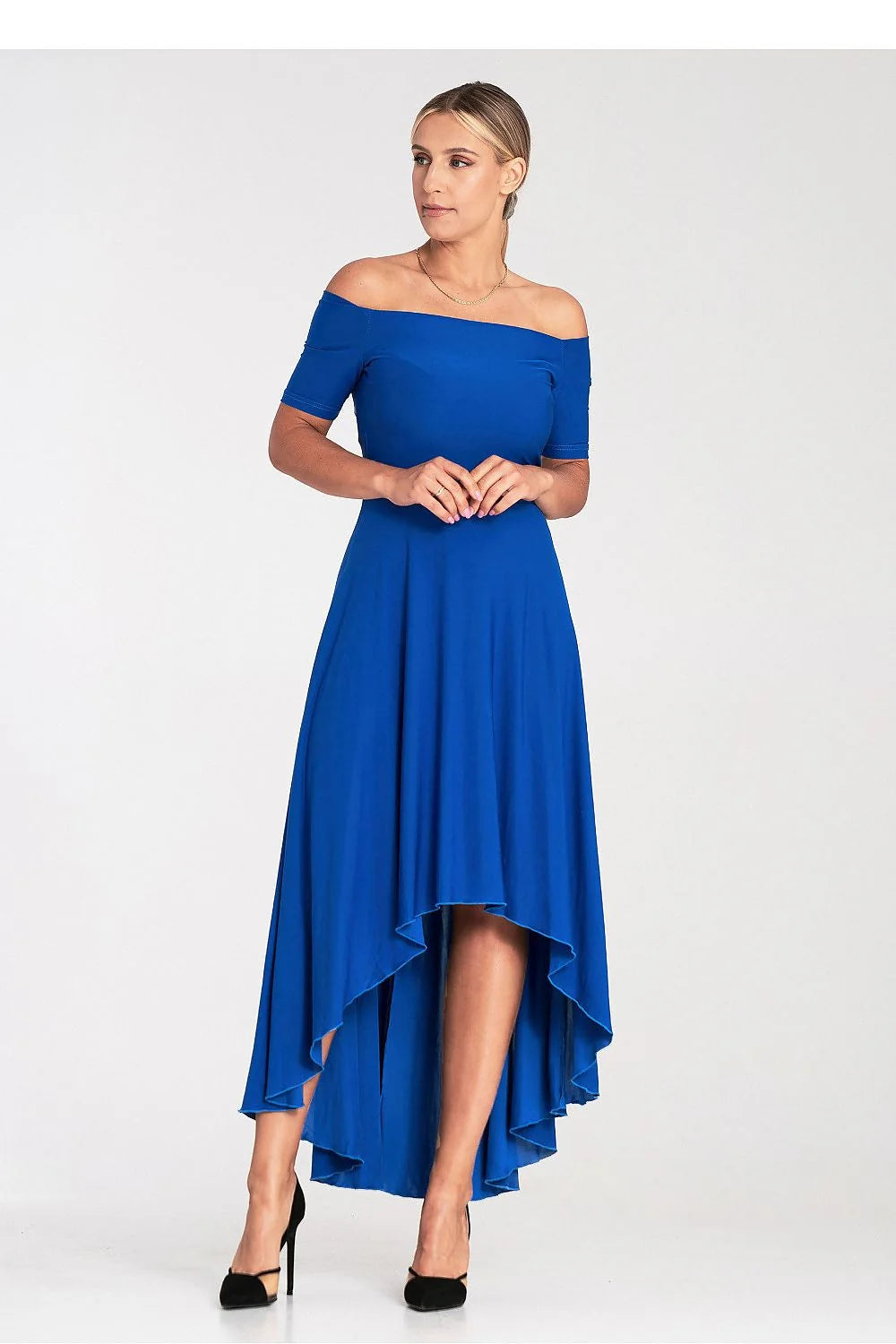 robe soirée longue bleu vif bardot sans épaules manches courtes ajustée jupe évasée ourlet asymétrique plongeant zipé fluide