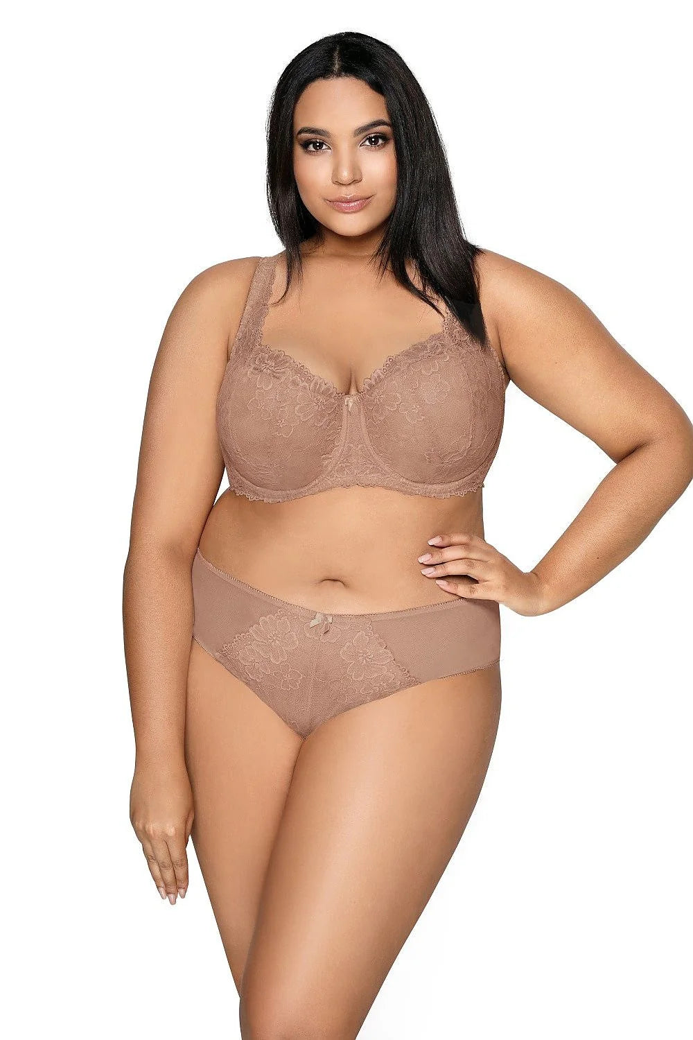 culotte classique femme dentelle florale cappuccino nude microfibre lisse maintien elastique ceinture noeud decoratif couvrante confortable coutures douces