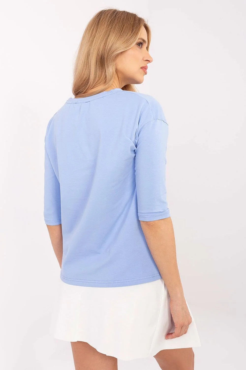 Chemisier pour femme moderne casual manches 3/4 col rond motif animal léopard imprimé doré finitions soignées coton élasthanne bleu clair