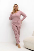 pyjama grande taille femme jersey doux manches longues col rond poche plaquée pantalon droit imprimé floral rose poudré