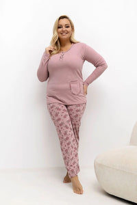 pyjama grande taille femme jersey doux manches longues col rond poche plaquée pantalon droit imprimé floral rose poudré