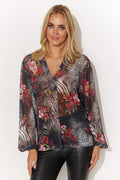 Chemisier femme Makadamia coupe ample motifs animaliers et floraux manches longues tissu fluide couleur noire et gris occasion spéciale