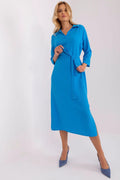 Robe Lakerta cobalt bleu midi col V manches trois quarts ceinture nouée ajustable viscose elasthanne crêpé texturé tombé fluide