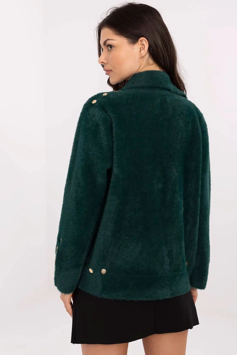Veste élégante pour femme en laine mixte coupe droite col asymétrique vert foncé finitions dorées manches longues fermeture éclair poignet ajustable