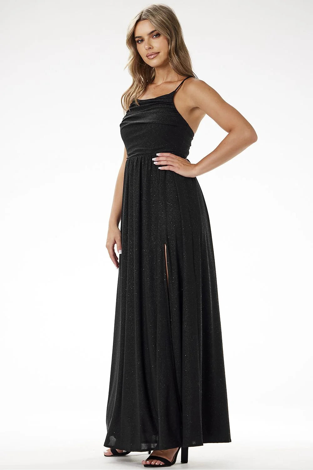 Robe de soirée élégante longue manches courtes décolleté en cœur fente latérale velours pailleté noire taille ajustable femme
