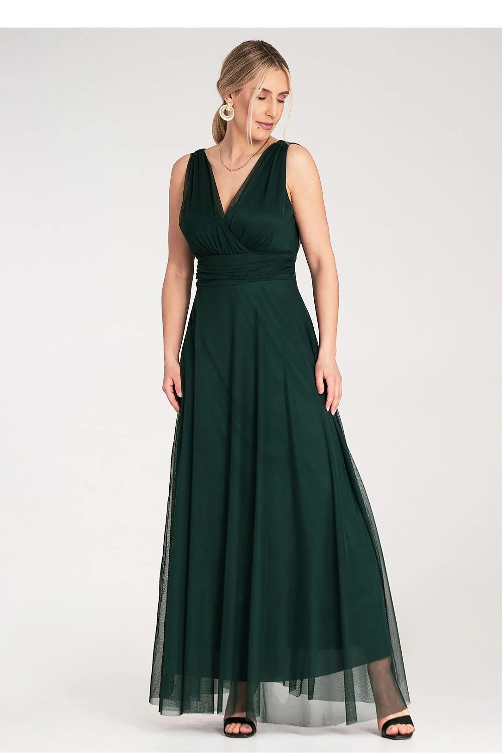 Robe de soirée élégante sans manches vert foncé dos nu empire taille haute femme