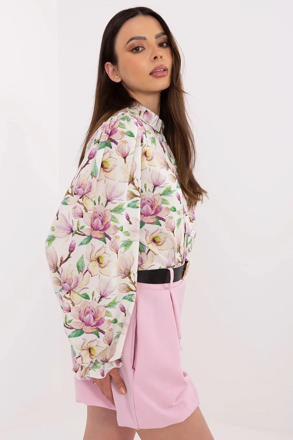 Ensemble blouse short floral rose violet femme soie polyester coton manches longues bouffantes taille haute occasion semi-formelle