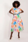 Robe d'été pour femme motifs floraux tissu léger ceinture dorée manches courtes encolure ronde fente évasée occasion semi-formelle