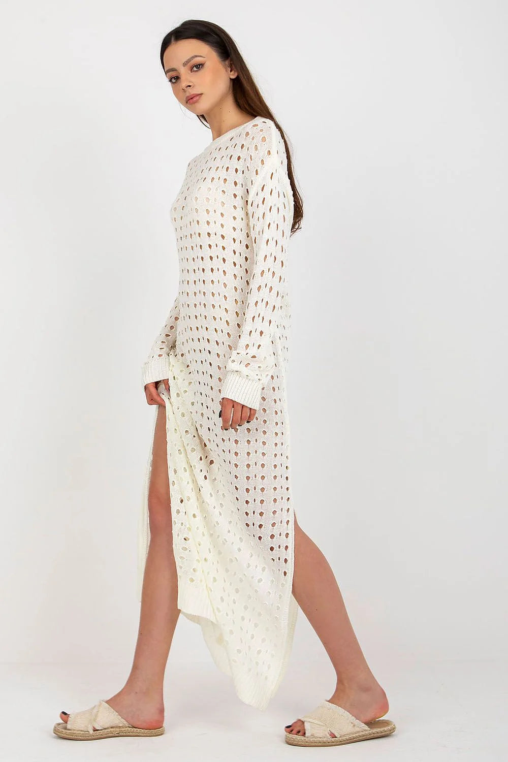 Robe de plage Badu longue maille ajourée manches longues encolure ronde fentes latérales acrylique laine femme