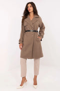 manteau femme long doubleboutonnage trench caban lainage taupe coupe droite cintrée mi cuisses col tailleur poches manches pattes ceinture dorée