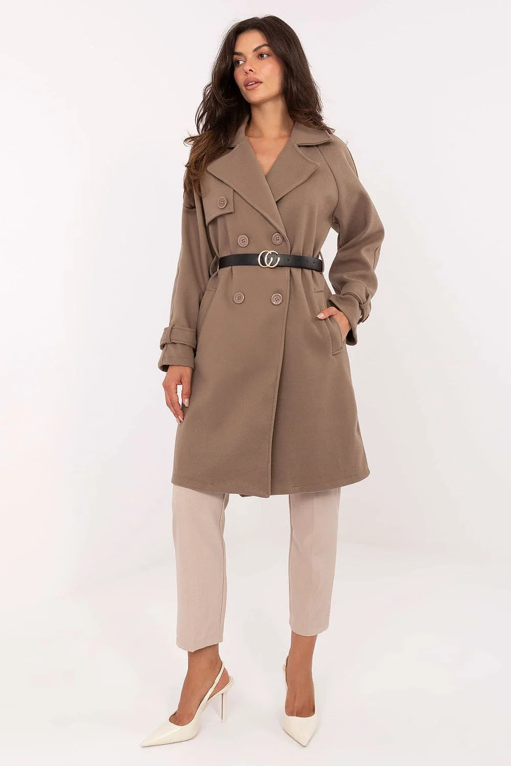 manteau femme long doubleboutonnage trench caban lainage taupe coupe droite cintrée mi cuisses col tailleur poches manches pattes ceinture dorée