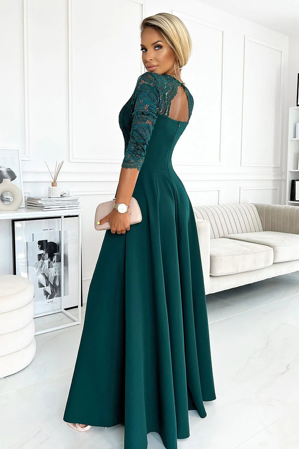 robe longue dentelle bleu royal manches troisquarts décolleté V profond taille cintrée jupe fluide fente haute glamour Numoco
