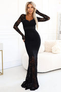 robe longue dentelle noire sirène moulante bustier coeur manches longues transparentes ceinture perles bijou doublure stretch florale traîne