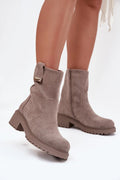 bottines montantes femme suede taupe mimollet bout rond semelle crantee talonbloc45mm fermetureeclair laterale bride decorative plaquemetal doublurefourrure interieurchaud ecologique cuirsuede