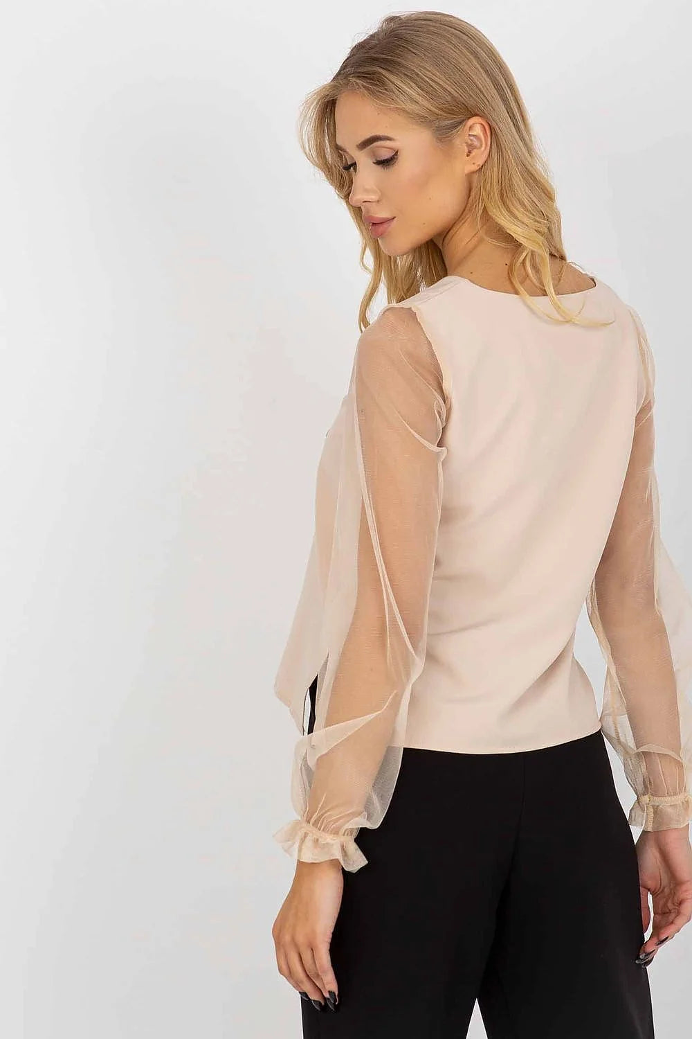 Chemisier Lakerta femme élégant romantique dentelle broderie florale tulle transparent manches bouffantes poignets volants col V coupe droite fluide beige