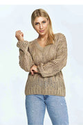 pull maille femme col V manches longues oversize torsades ajouré beige camel moelleux côtelé acrylique polyvalent