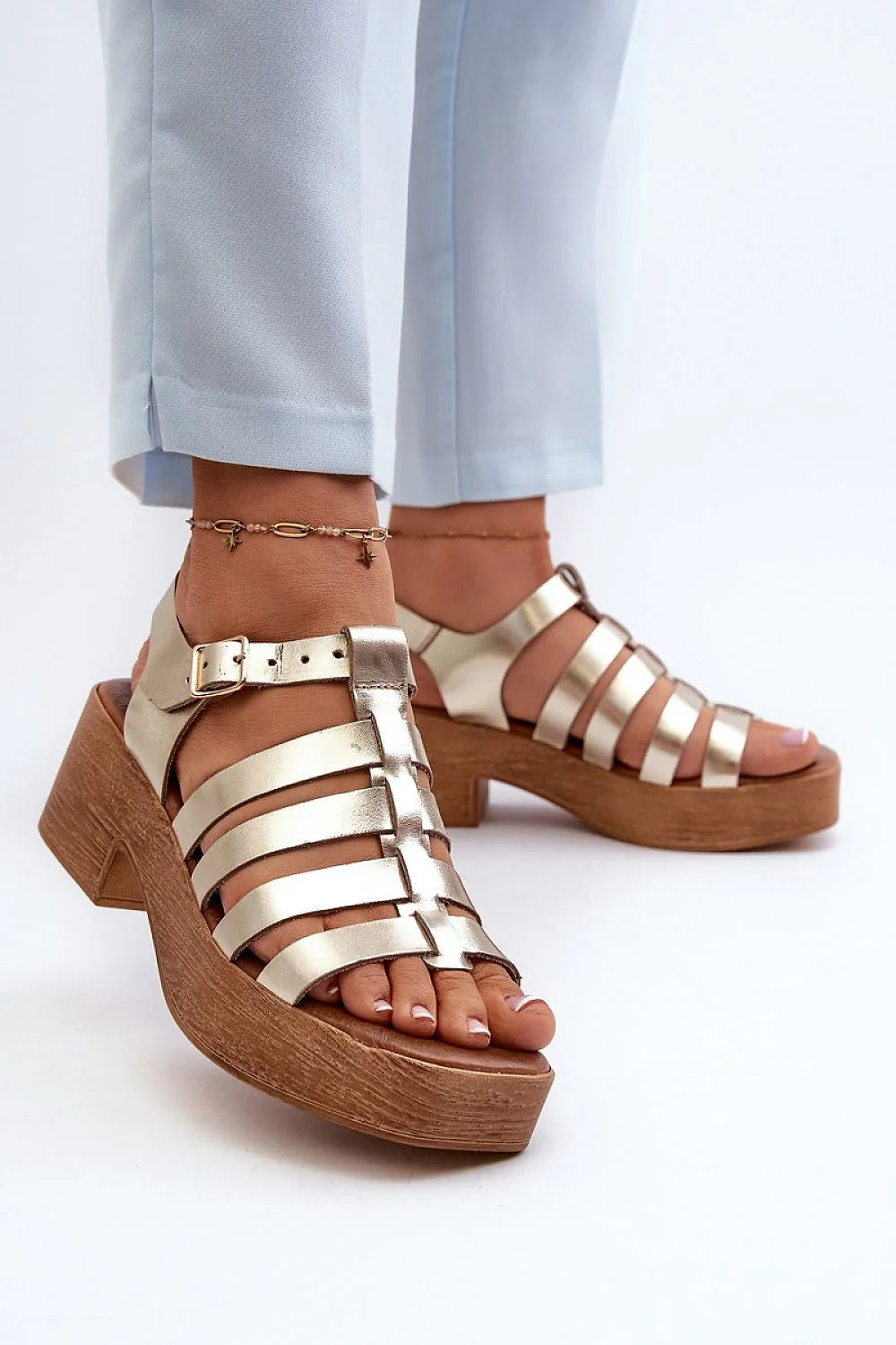 Sandales à talons gladiateur cuir naturel doré métallisé plateforme bois 6 cm femme confortables ajustables été