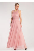 Robe de soirée élégante longue sans manches col montant plissé rose poudré polyester taille ajustable femme