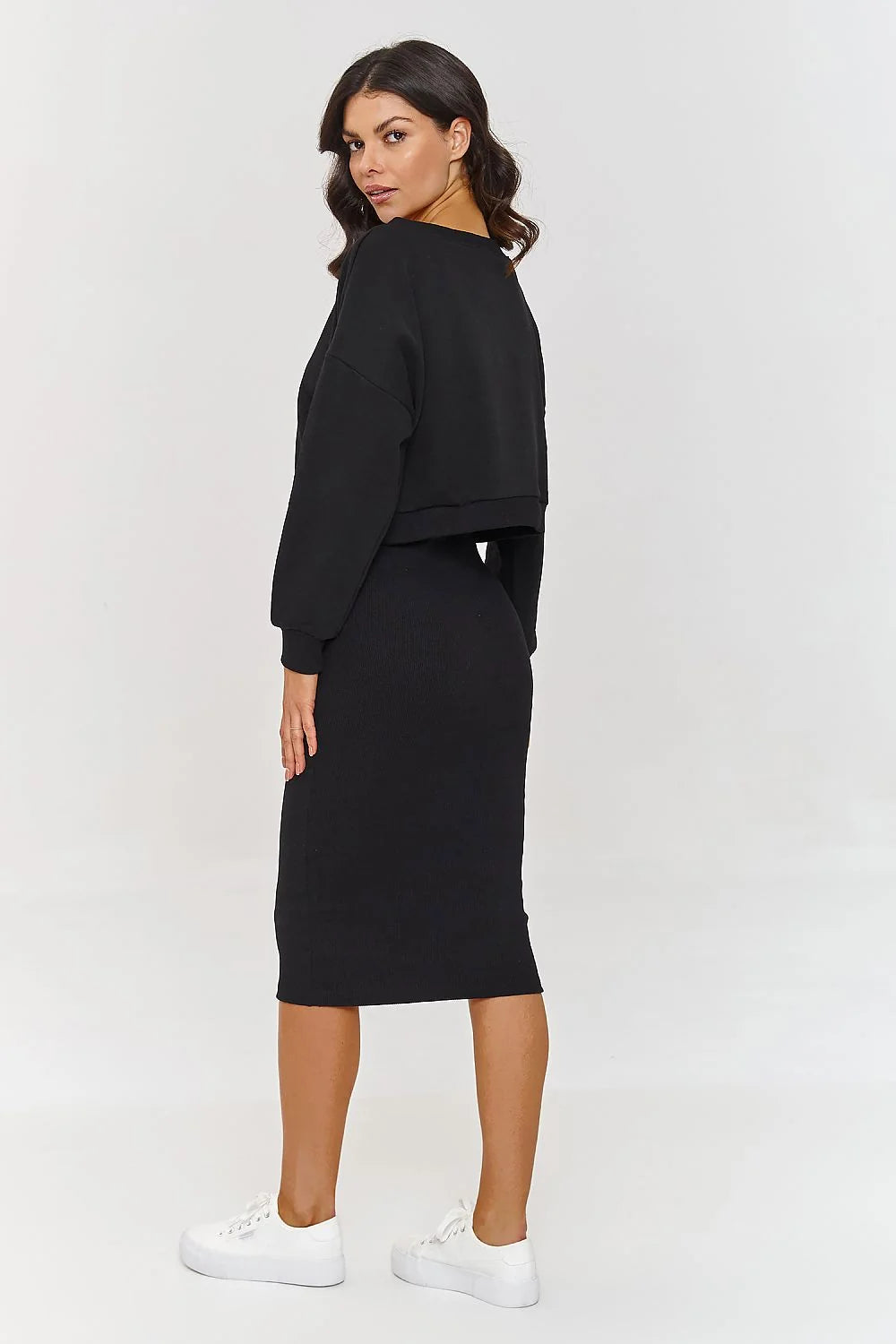 Ensemble Makadamia coordonné femme noir molleton sweatshirt jupe midi côtelée confort style casual chic