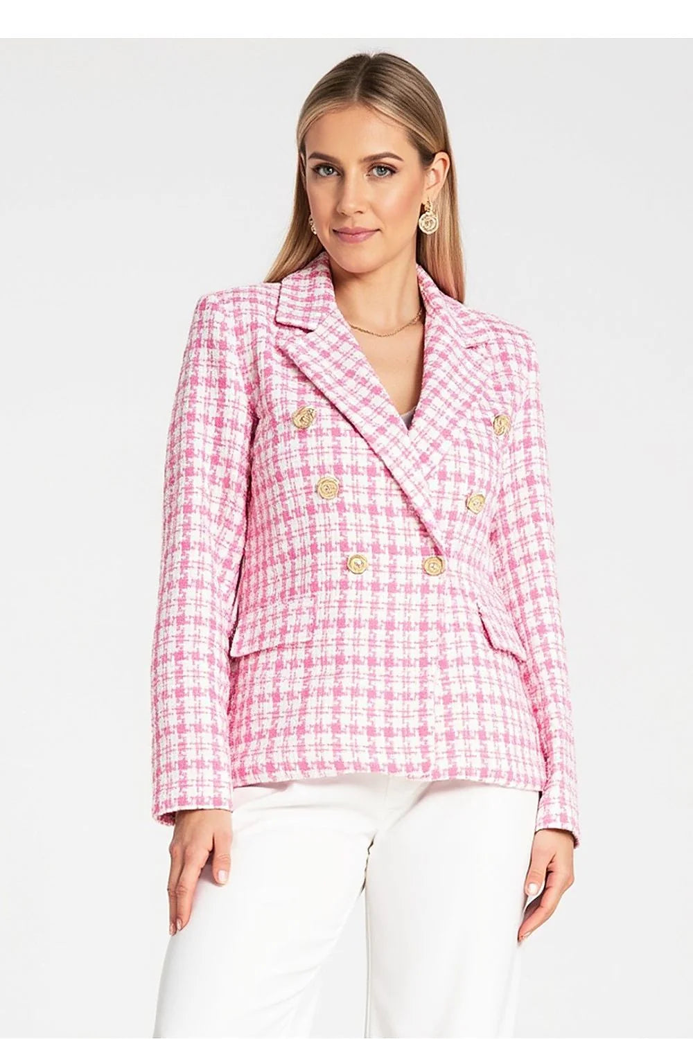 Blazer femme élégant à carreaux double boutonnage tissu jacquard 75% coton 25% polyester taille ajustée boutons dorés coupe moderne