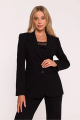 blazer noir femme veste tailleur cintrée taille marquée longueur hanches col cranté épaules structurées bouton unique tissu crêpe