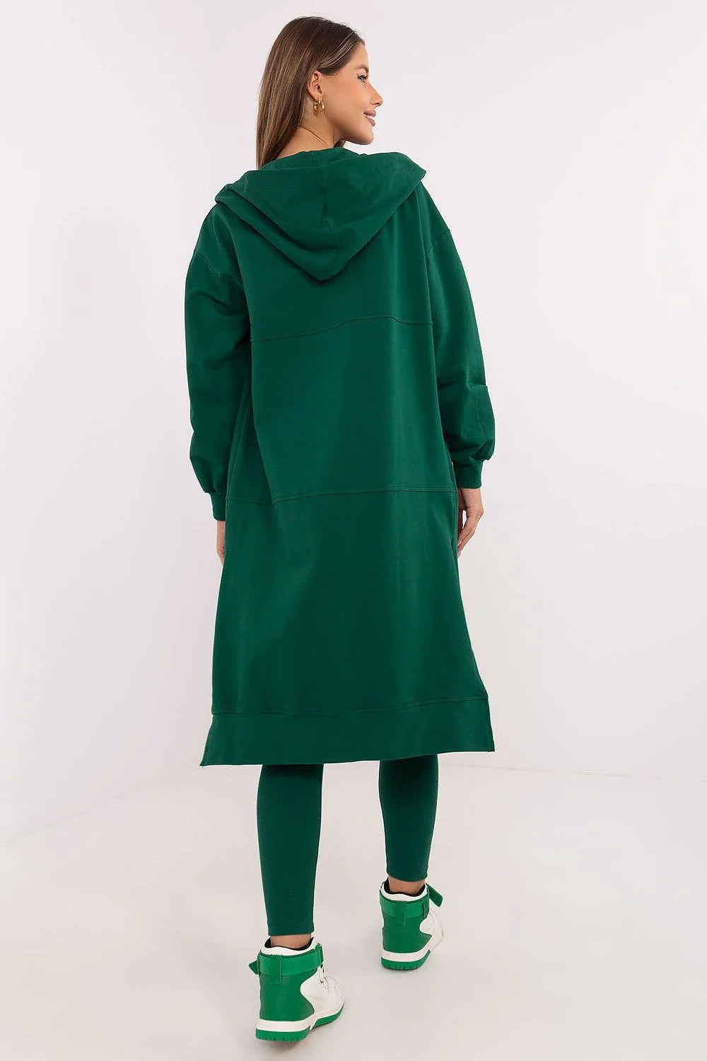 Ensemble coordonné femme modern style athlétique vert foncé veste longue capuche haut court leggings élasthanne coton fermeture éclair poches