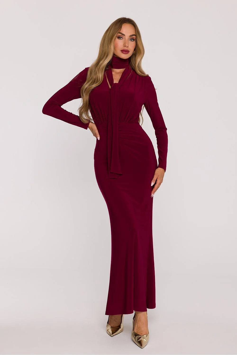robe longue maxi élégante féminine fluide douce stretch gainante sirène bordeaux manches longues col V drapé taille ceinture amovible polonaise