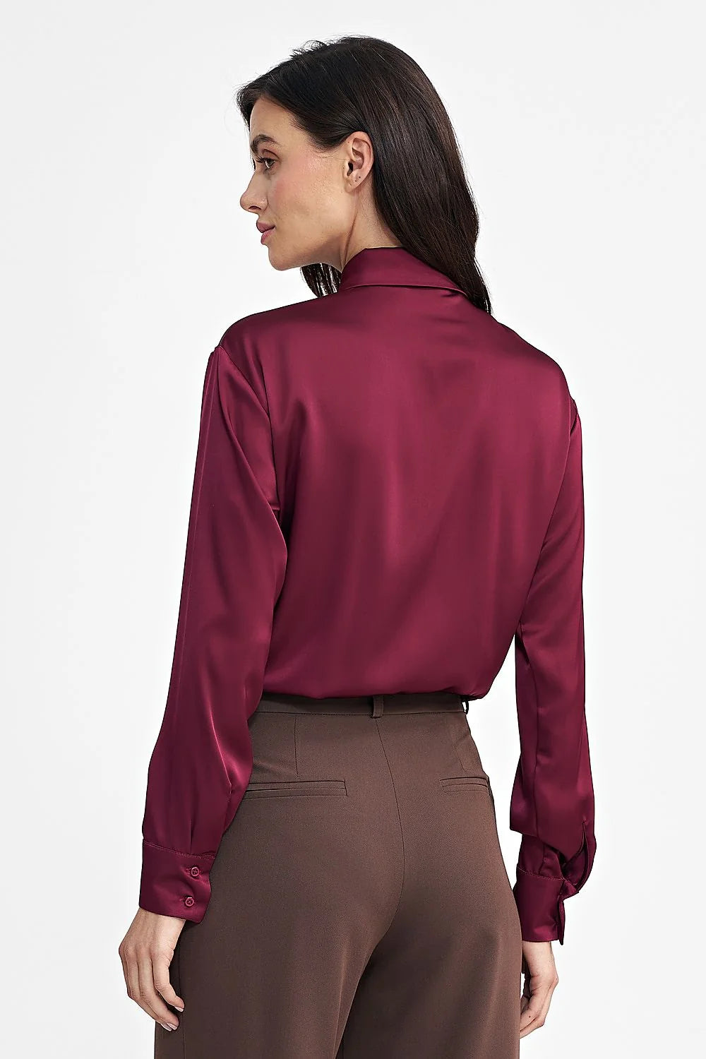 Blouse élégante pour femme en soie satinée manches longues col chemise bordeaux occasion formelle