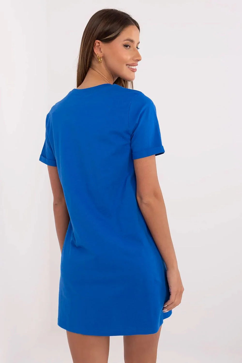 Robe t-shirt femme décontractée moderne coton confort style sportif coupe droite couleur bleu vif manches courtes col rond