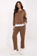 ensemble loungewear femme sweat col rond oversize molleton doux beurre pantalon taille haute jambes droites poches latérales viscose élasthanne camel