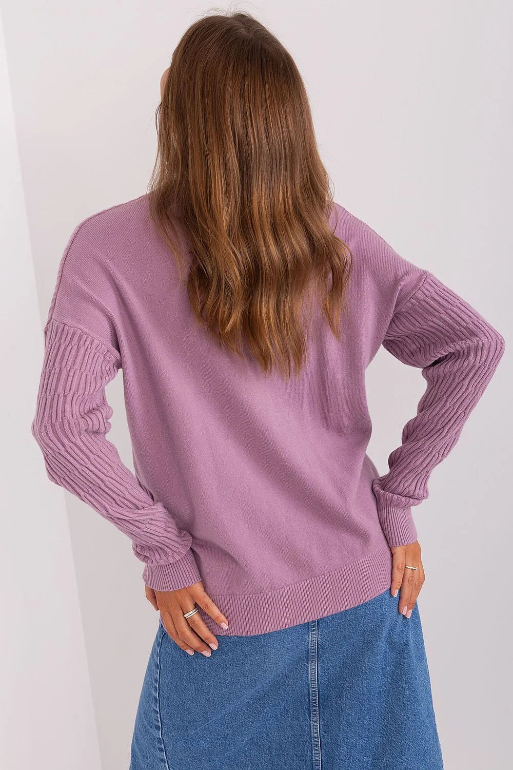 Pull pour femme Chandail AT texture tricotée motifs câbles losanges violet pastel manches longues col rond coupe ample