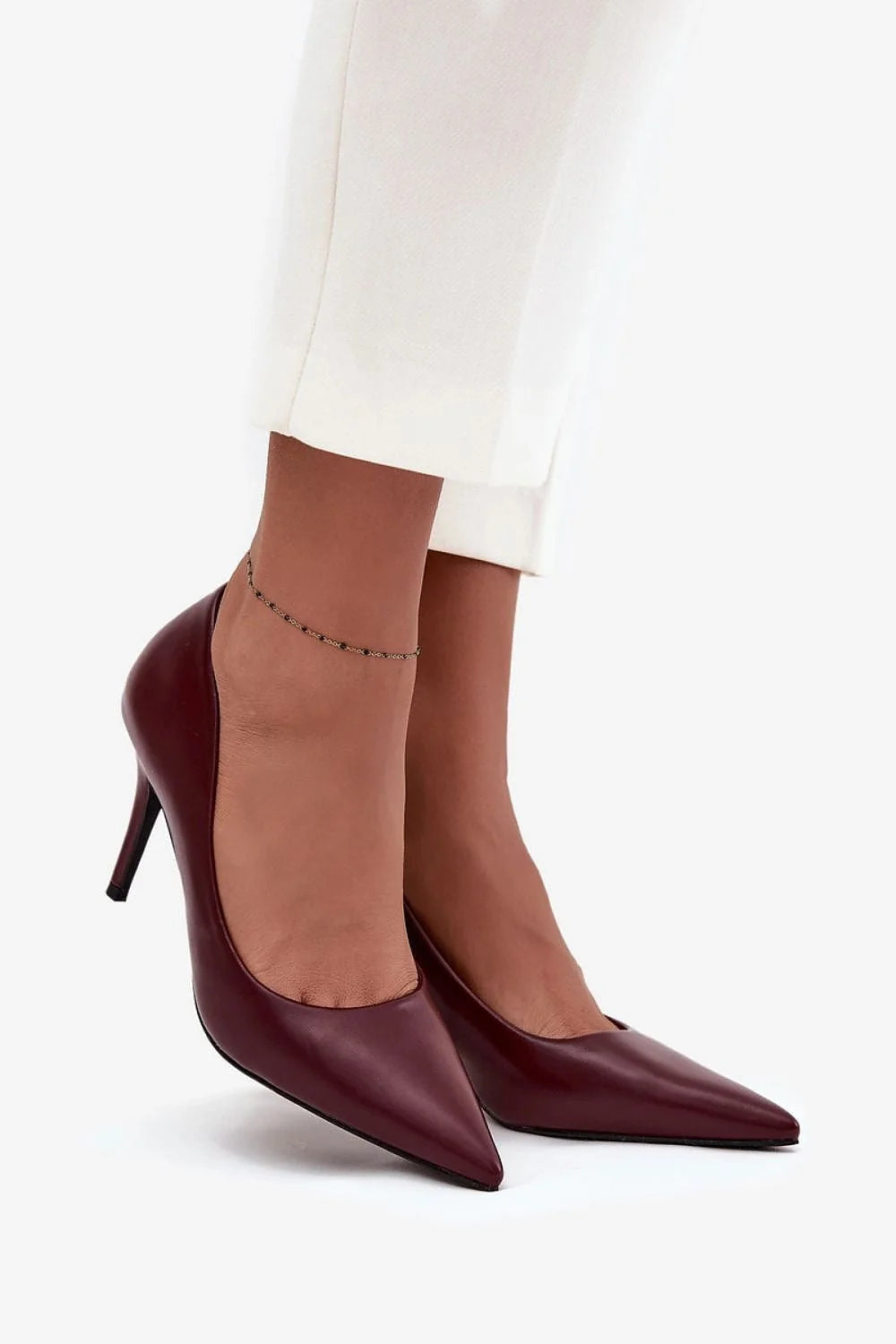 escarpins femme talon aiguille mihaut similicuir lisse bordeaux profond bout pointu silhouette élancée semelle fine chic intemporel polyvalent
