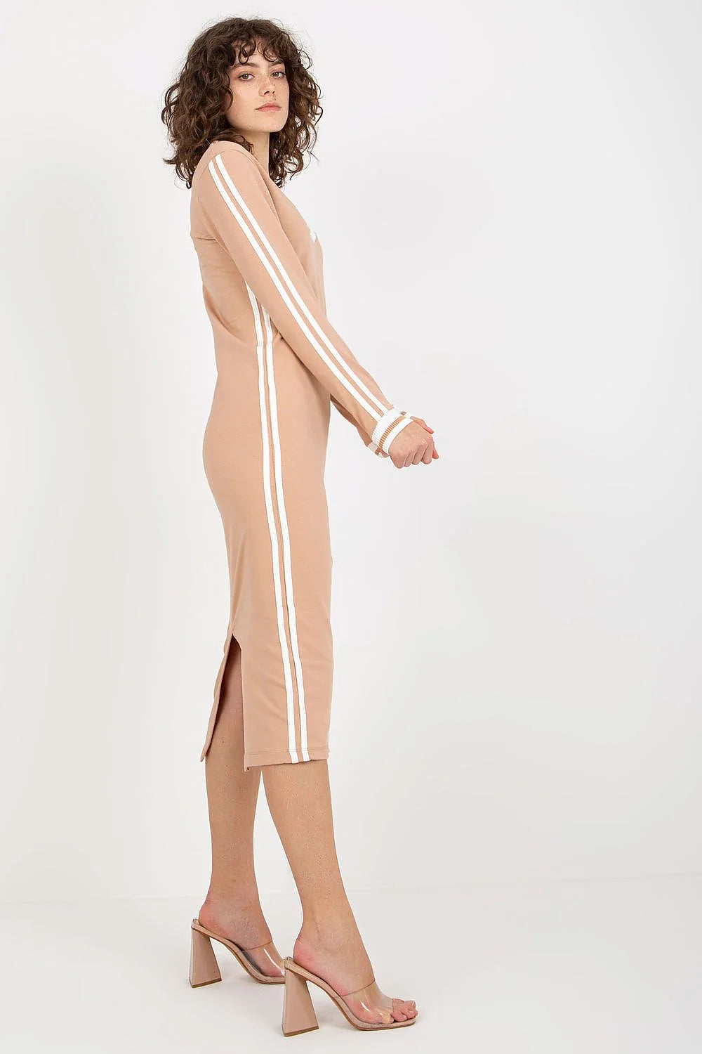 Robe de jour Fancy longue manches longues en V contrastante coton élasthanne femme élégance polyvalente
