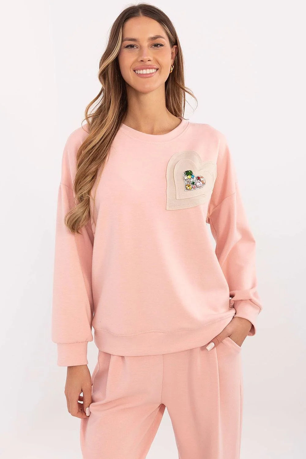 Sweatshirt Italy Moda pull décontracté femme manches longues col rond coton mélangé rose pâle cœur orné perles pierres