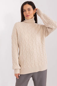 Pull-over en laine mérinos et acrylique à col roulé beige Coupe loose pour femme Hiver 2023-2024