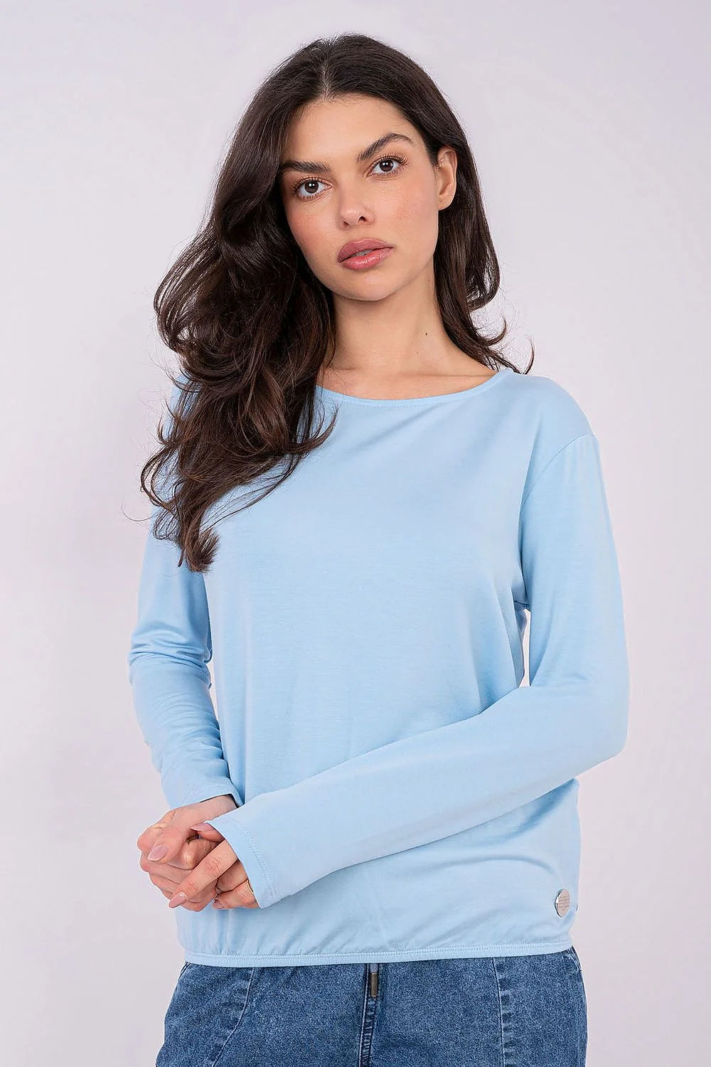 chemisier femme manches longues encolure bateau bleu ciel jersey doux extensible modal elasthanne coupe droite ample basique minimaliste