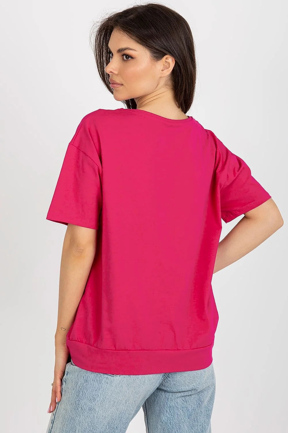 T-shirt pour femmes classique en coton élasthanne couleur rose vif encolure ronde manches courtes logo triangulaire