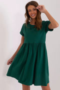 robe babydoll courte vert forêt coton extensible jersey taille haute empiècement froncé jupe ample genou manches retroussées encolure ronde