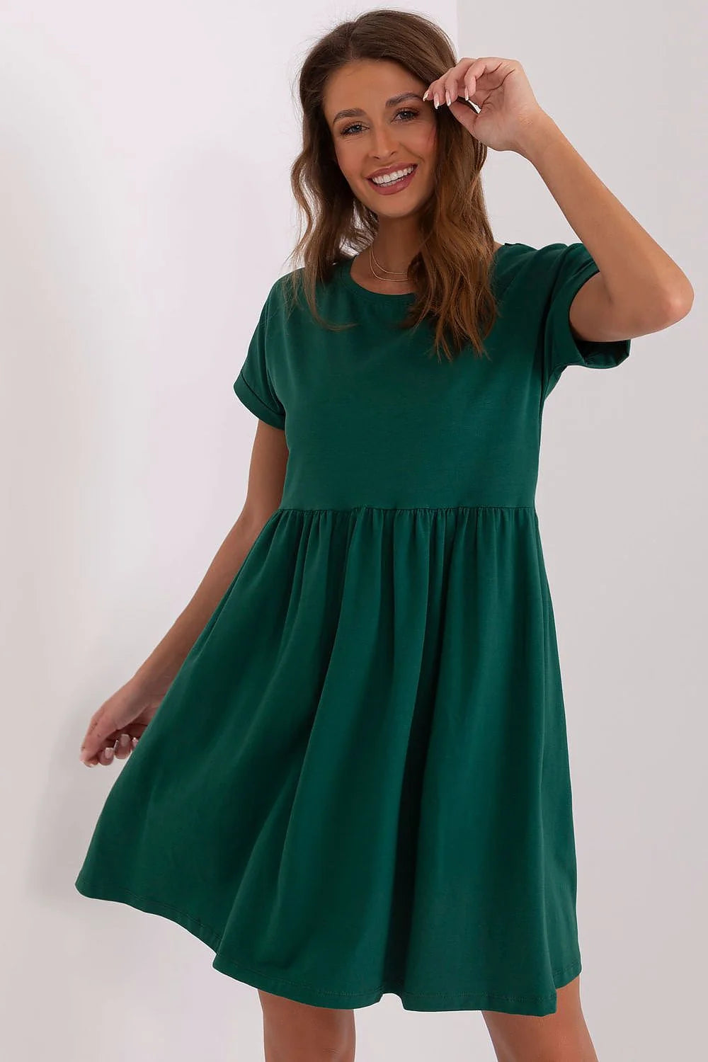 robe babydoll courte vert forêt coton extensible jersey taille haute empiècement froncé jupe ample genou manches retroussées encolure ronde