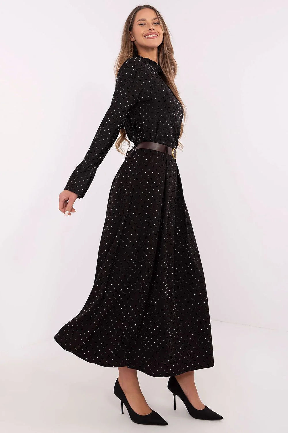 Robe longue élégante pour femme en viscose noire à pois blancs manches longues ceinture dorée slim fit