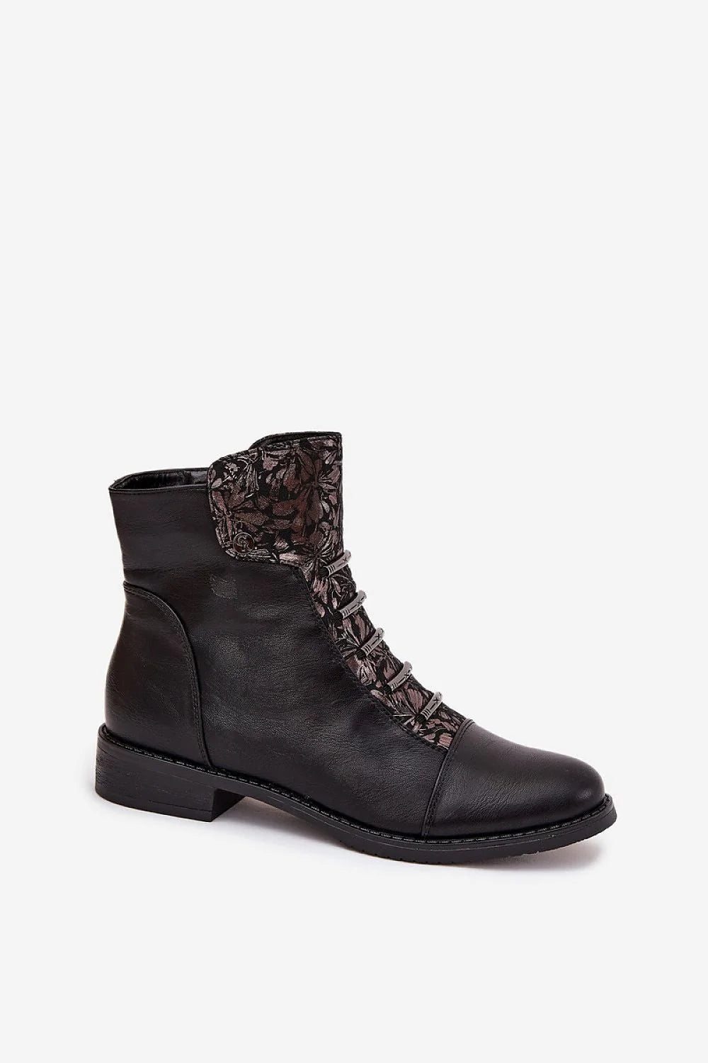 Jezzi bottines similicuir noir cheville montante bout arrondi talon bas carré doublure fourrure synthétique brocart floral rose métallisé