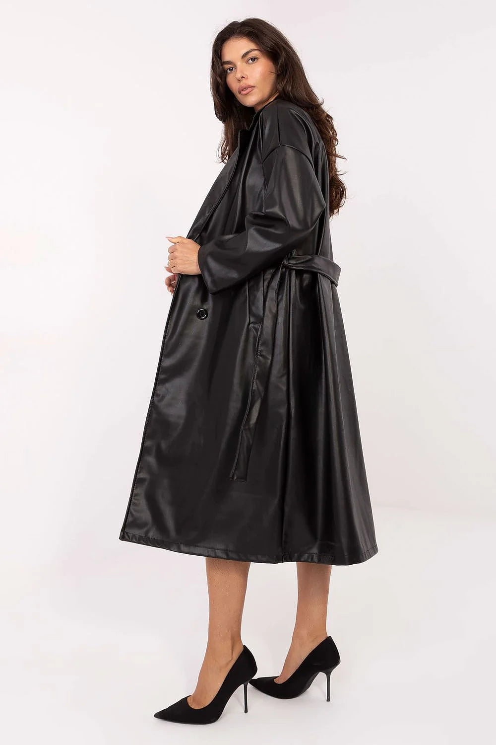 manteau long trench simili cuir noir oversize double boutonnage col revers ceinture amovible mi mollet manches tombantes