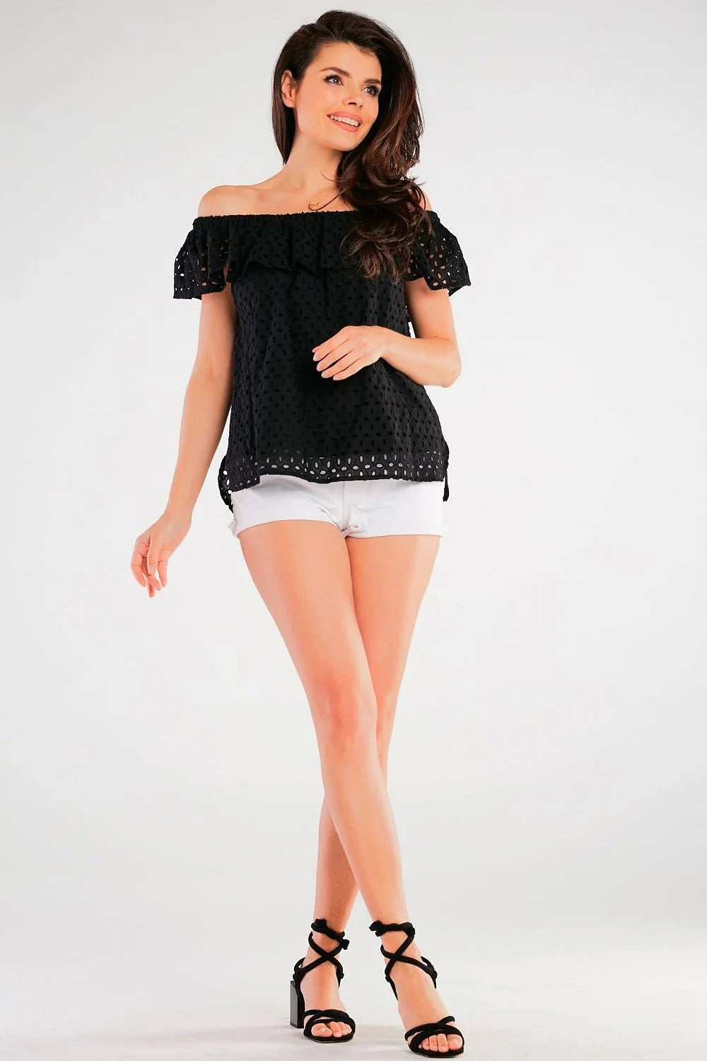 chemisier awama femme bardot épaules dénudées manches courtes volantées broderie anglaise ajouré coton léger respirant coupe droite longueur hanches noir