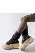 bottes combat modernes rétro cuir noir tissu côtelé semelle beige confortable montantes plateforme crantée antidérapante ajustée